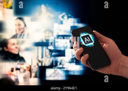 AI image generator in phone. Using content tool app to create photos of woman. Generate human faces. Prompt and artificial intelligence in marketing. Stock Photo