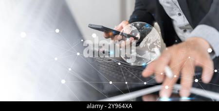 Digital technology, internet network connection, big data, digital marketing IoT internet of things. Woman using mobile phone and laptop computer surf Stock Photo