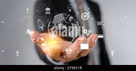 Digital link tech, Business global internet connection application technology and digital marketing, Businessman using application on smartphone for n Stock Photo