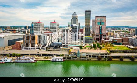 Aerial view of downtown Louisville, Kentucky from the Ohio River Stock Photo