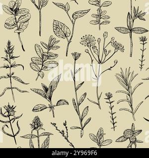 Seamless pattern with wild plants and flowers, vector illustration in engraving style. Stock Vector