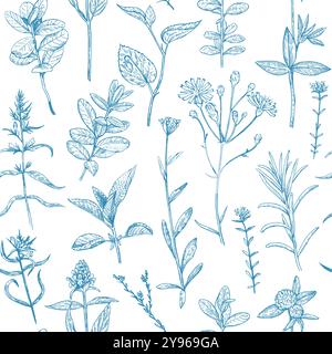 Seamless pattern with wild plants and flowers, vector illustration in engraving style. Stock Vector