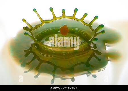 Water drop impact. High-speed photograph of secondary drop formation following the impact of a water droplet on water. The impact causes the surface of the pool to collapse, creating a rush of water inwards and upwards to form a column. Surface tension effects along the column cause a secondary drop to form. Shock waves radiate outwards as concentric circular ripples. Stock Photo