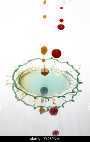 Water drop impact. High-speed photograph of secondary drop formation following the impact of a water droplet on water. The impact causes the surface of the pool to collapse, creating a rush of water inwards and upwards to form a column. Surface tension effects along the column cause a secondary drop to form. Shock waves radiate outwards as concentric circular ripples. Stock Photo