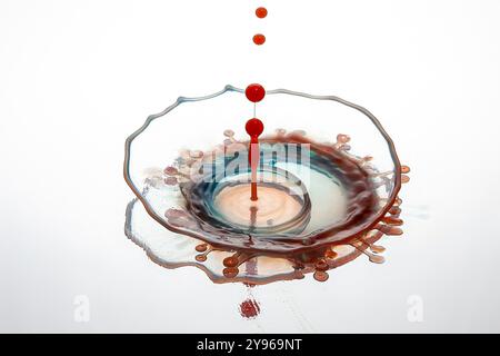 Water drop impact. High-speed photograph of secondary drop formation following the impact of a water droplet on water. The impact causes the surface of the pool to collapse, creating a rush of water inwards and upwards to form a column. Surface tension effects along the column cause a secondary drop to form. Shock waves radiate outwards as concentric circular ripples. Stock Photo
