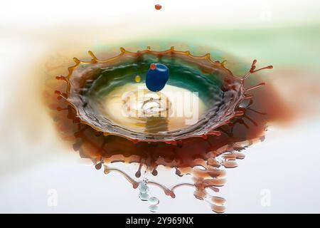 Water drop impact. High-speed photograph of secondary drop formation following the impact of a water droplet on water. The impact causes the surface of the pool to collapse, creating a rush of water inwards and upwards to form a column. Surface tension effects along the column cause a secondary drop to form. Shock waves radiate outwards as concentric circular ripples. Stock Photo