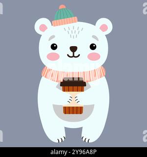 Cute polar bear holding a glass of coffee, flat illustration. Stock Vector
