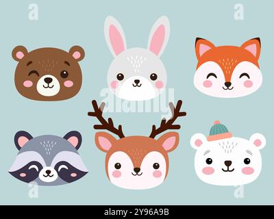 Cute winter forest animals flat illustration. Stock Vector