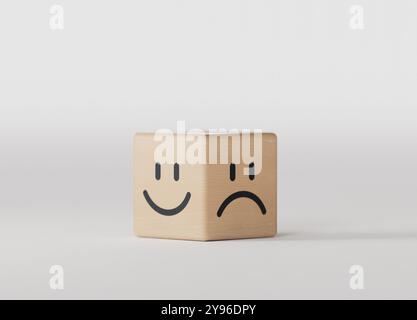 Service rating, ranking, customer review, satisfaction and emotion concept. Wooden Block With Happy And Unhappy Face. Emoticon icons face on Wooden Cu Stock Photo