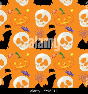 Skulls, pumpkins, bats, and candy on orange background Stock Vector