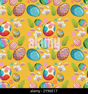 Seamless design with eggs, bunnies, and leaves Stock Vector