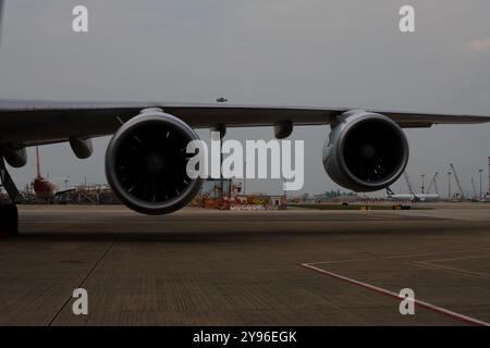 Close up of Rolls Royce turbo engines on a passenger jet Stock Photo