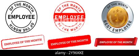 Employee of the month emblem appreciation awards best worker medal stamp colorful sticker grunge texture design icon set collection Stock Vector