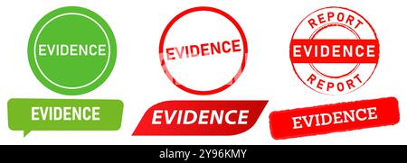 Evidence crime proof source stamp red green badge sticker trustworthy element law justice truthful validation emblem seal design icon set collection Stock Vector