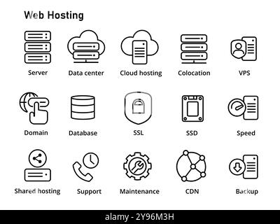 Web hosting service icon set outline black line simple server VPS shared server colocation CDN cloud virtual private server Stock Vector