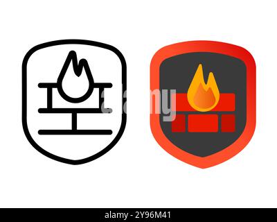Firewall icon outline and colorized securing network connection online security shield fire and brick Stock Vector