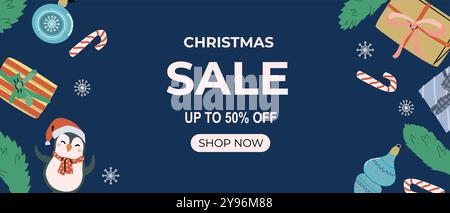 Christmas sale banners with festive elements and xmas characters. Flat illustration for december holidays, celebration design. Stock Vector