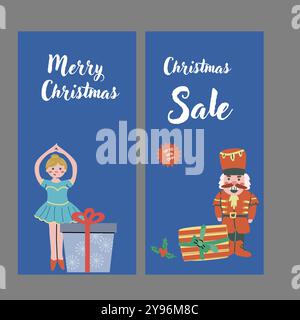 Christmas vertical stories, sale banners set with cute characters dancer and soldier nutcracker. Xmas decorations and gifts. Ad background for winter Stock Vector