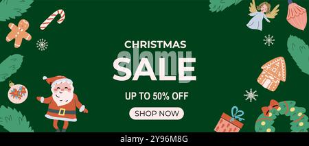 Christmas sale banners with festive elements and xmas characters. Flat illustration for december holidays, celebration design. Stock Vector