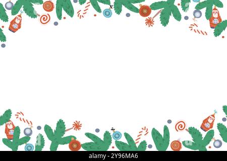 Xmas banner with candy cane and lollipop, fir branch and baubles. Traditional christmas festive background in flat style. Hand drawn vector illustrati Stock Vector