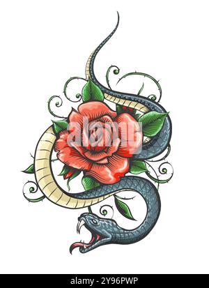 Snake and Rose Flower Colored Tattoo in Engraving Style isolated on white background vector illustration. Stock Vector