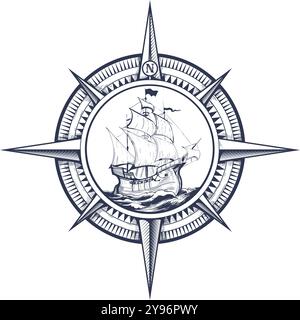 Nautical Windrose with Sailing Ship inside Engraving Vector Illustration isolated on White Background. Stock Vector
