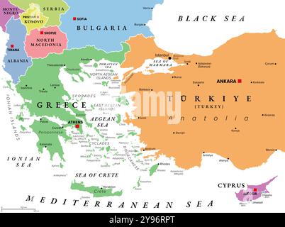 Aegean Sea region, with Aegean Islands, multi colored political map. Elongated embayment of the Mediterranean Sea, located between Europe and Asia. Stock Photo