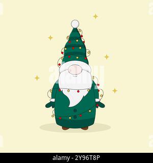 Cute Christmas gnome in green coat, hat and mittens got tangled in Christmas lights. Cartoon style vector illustration. Stock Vector