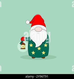 Cute Christmas gnome in green coat with stars, red hat and mittens holds a lantern with a holly branch. Cartoon style vector illustration. Stock Vector