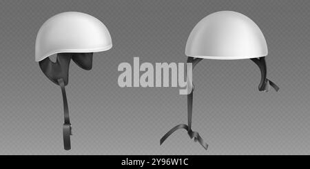 Motorcycle and scooter helmet for head protection. Realistic 3d vector illustration set of white biker safety hat side and front view. Simple retro open face safety headwear helm with belt mockup. Stock Vector