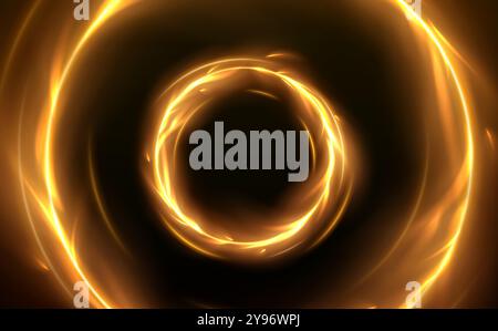 Spin fire rings with glowing tongues of flame and sparks. Realistic 3d vector illustration of round fiery frame with light effect. Magic portal with bright yellow hot burnt circles with blaze. Stock Vector