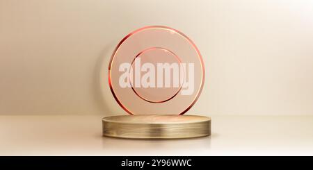 Wood cylinder product podium with brown glass circle decoration in beige pastel colored studio room with shadow on wall and floor. Realistic 3d vector showcase wooden platform. Minimal display stage. Stock Vector