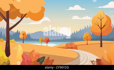 Autumn landscape featuring trees, lake, and hills at sunset, set in a scenic countryside. Vibrant colors, peaceful atmosphere, and seasonal beauty of Stock Vector
