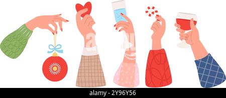 Holiday party hands set. Elegant female hand with Christmas ball, candy striped cane and drink in glass. Male with red wine and holding valentine hear Stock Vector