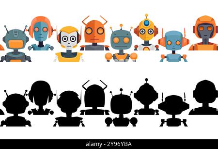 Vector set of child cheerful horizontal borders with black silhouette and colorful cartoon robots isolated from background. Collection of flat friezes Stock Vector
