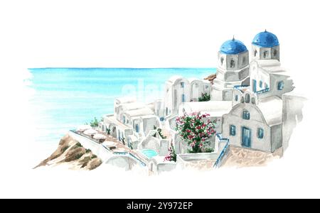Santorini island, Mediterranean, Greece. View of Oia town and aegean sea. Hand-drawn watercolor illustration isolated on white background Stock Photo