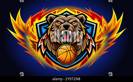 Symbol, logo of a brown bear with bloodshot eyes roaring fiercely with a glowing orange basketball surrounded by intense flames. Stock Vector