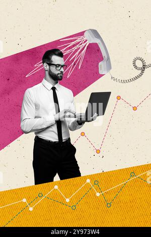 Vertical composite collage artwork image picture of elegant man laptop telephone isolated on creative background Stock Photo