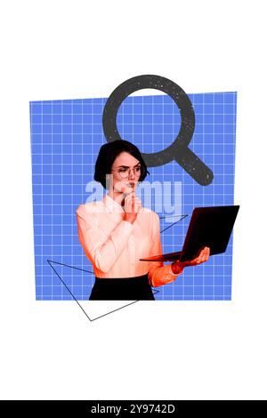 Trend artwork composite sketch image photo collage of hr young woman hand hold laptop think smart decision magnifier glass find candidate Stock Photo