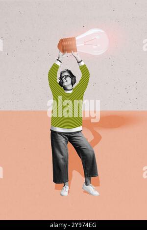 Composite trend artwork image photo collage of caricature workspace smart puzzle education study aged woman stand hand hold idea lamp Stock Photo