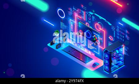 Computer video games development education for kids. Game design, gameplay of computer games. Isometric computer of game designer workplace. PC on des Stock Vector