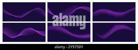 Flowing dots arranged in wavy patterns, showcasing a halftone gradient in shades of purple against a dark background Stock Vector