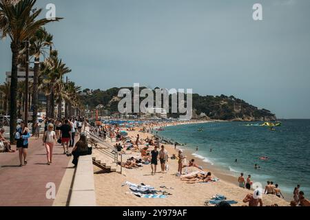 Lloret de Mar, Spain - 24th July 2024. A beautiful and picturesque scene on the Costa Brava Beach, filled with sunbathers and a lively, vibrant Stock Photo