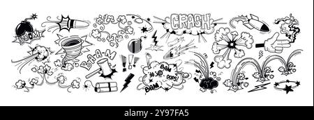 Doodle hand drawn bomb explosion with boom crash effect. Comic book clouds, sound blast with nuclear weapon, bullet, dynamite icons and exclamation mark stickers. Bursts with smoke, fume or fire flash Stock Vector