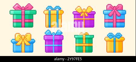 Pixel art happy birthday gift boxes set with lids and ribbon bows. Y2k trendy pixelated icons of color present packages with bowknots in 8bit retro style. Holiday packaging for bday party or surprises Stock Vector