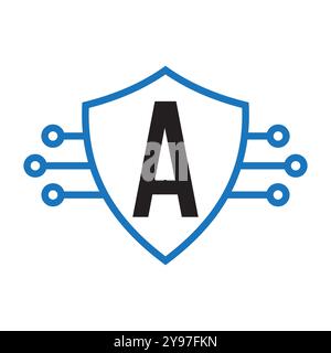 Technology On Letter A With Shield Symbol Vector Template Stock Vector