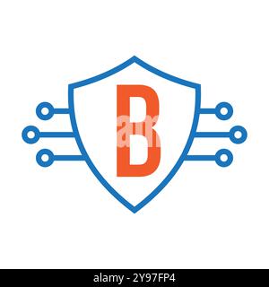 Technology On Letter B With Shield Symbol Vector Template Stock Vector
