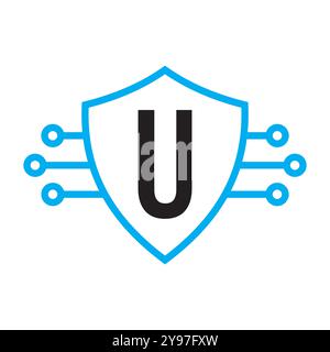 Technology On Letter U With Shield Symbol Vector Template Stock Vector
