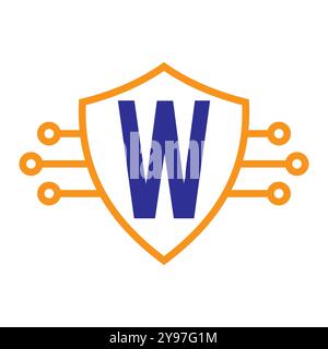 Technology On Letter W With Shield Symbol Vector Template Stock Vector