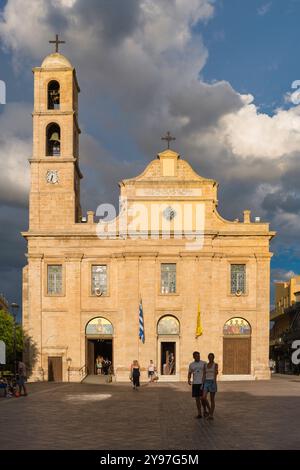 Hania Cathedral, view of the facade of the 1860's cathedral building sited in Platia Mitropoleos in the old town quarter of Hania (Chania), Crete Stock Photo